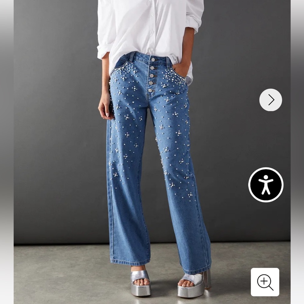 NWT Warehouse Premium Pearl Embellished Denim Dad Jeans | Size 12